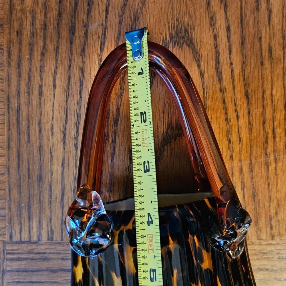 Vintage Art Glass Tortoiseshell Purse Vase Amber Brown Leopard Print Hand Blown